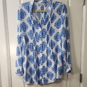 Nanette Lepore Blue and White Floral Button Down Tunic Large